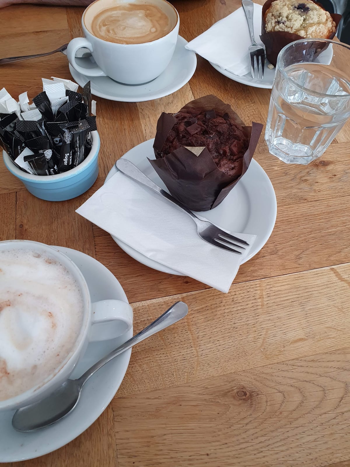 Coffee and muffins served at a café table